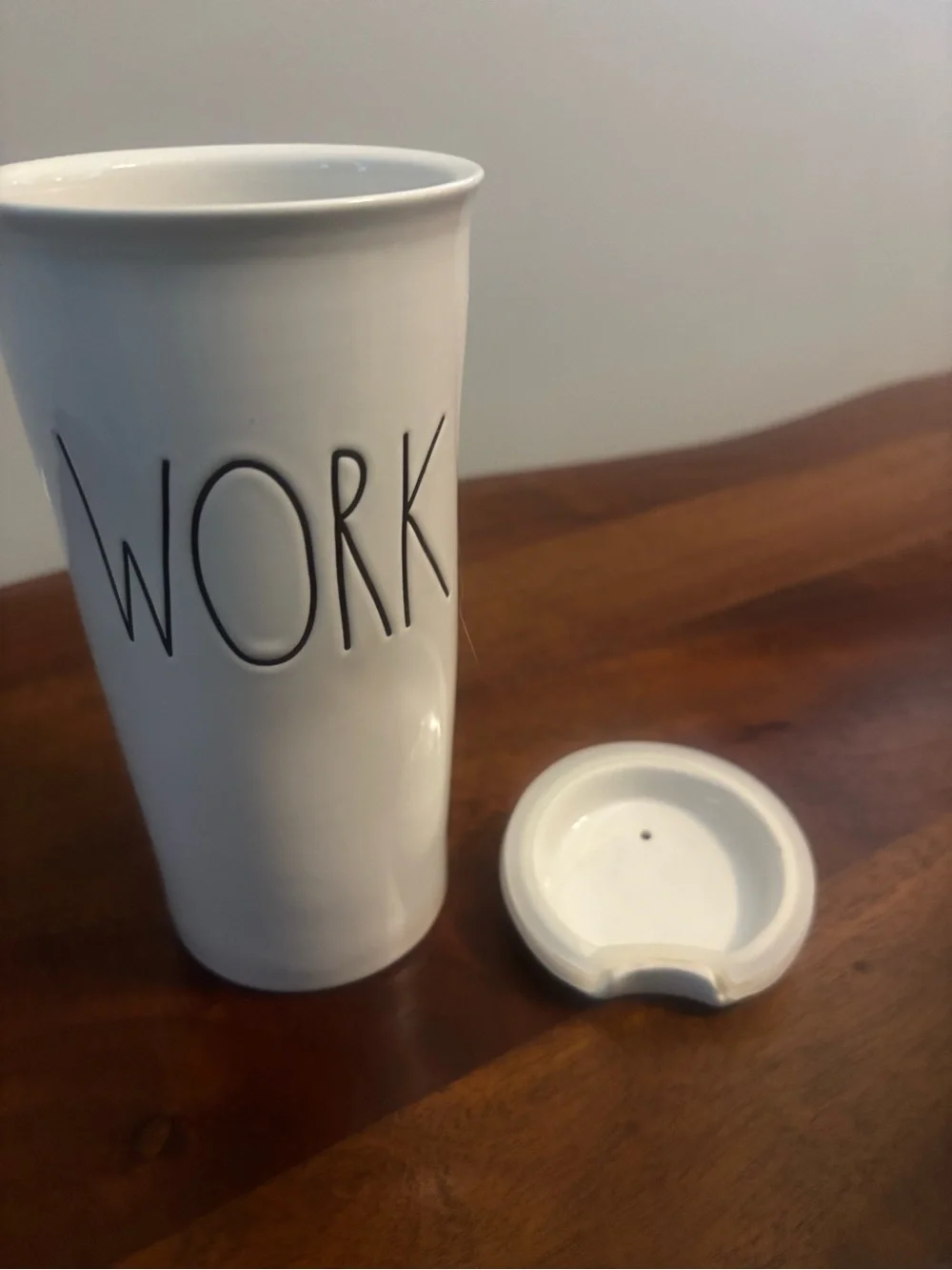 Rae Dunn White 'WORK' Ceramic Travel Mug with Lid